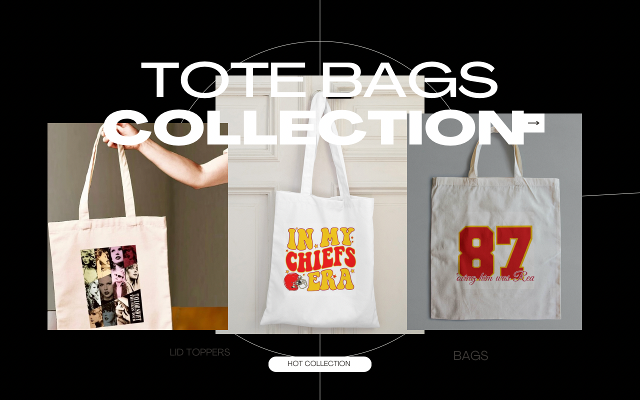 Three different tote bags are displayed: one with black-and-white celebrity faces, one with the text "IN MY CHIEFS ERA" and footballs, and one with a large red "87" and cursive text below it.