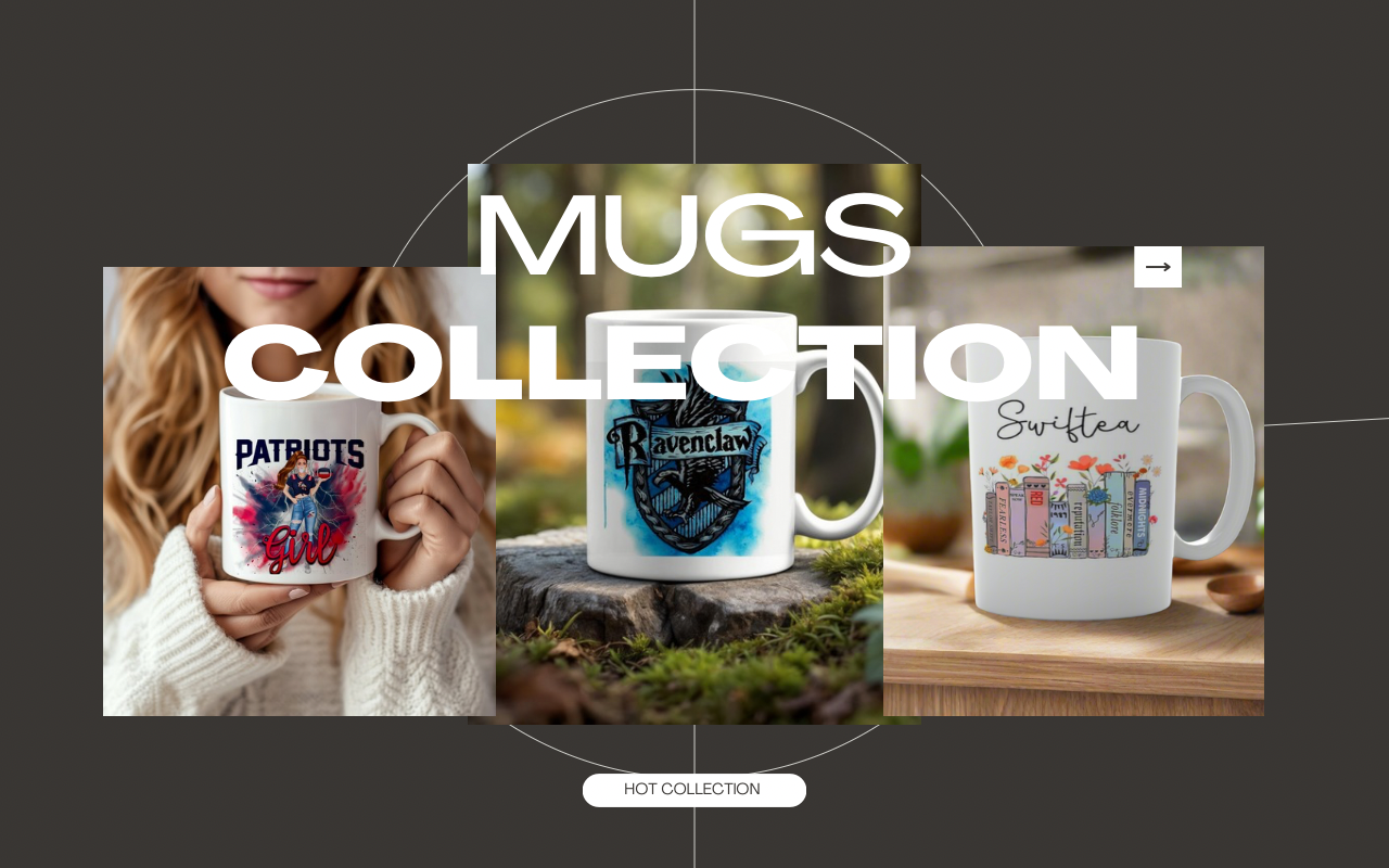 Three different mugs are displayed: one with a Patriots logo, one with a Ravenclaw emblem, and one with books and the word "Swiftea." Text over the image reads "Mugs Collection.