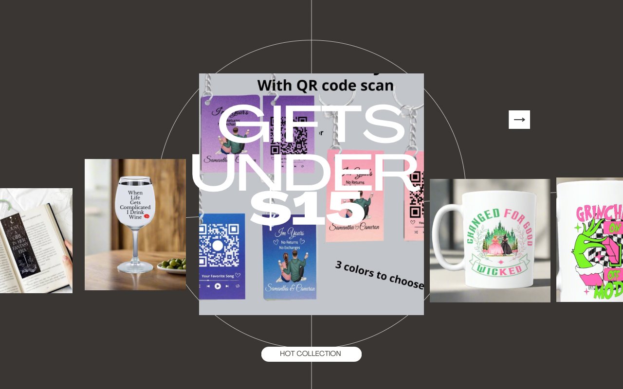 Collage of gift items under $15, including a notebook, wine glass, mugs, and various cards with QR codes. Text highlights "3 colors to choose" and "Hot Collection.