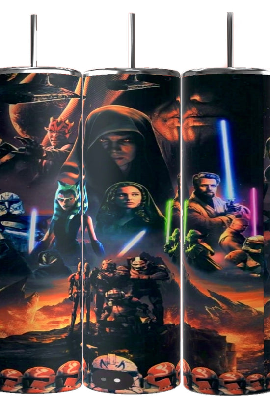 Kreative Kreationz's Star Wars 20oz Tumblers feature vibrant, futuristic designs of characters with glowing swords and armor, set against a red planet with sci-fi elements. Their durable build makes them ideal for any adventurous saga in space.