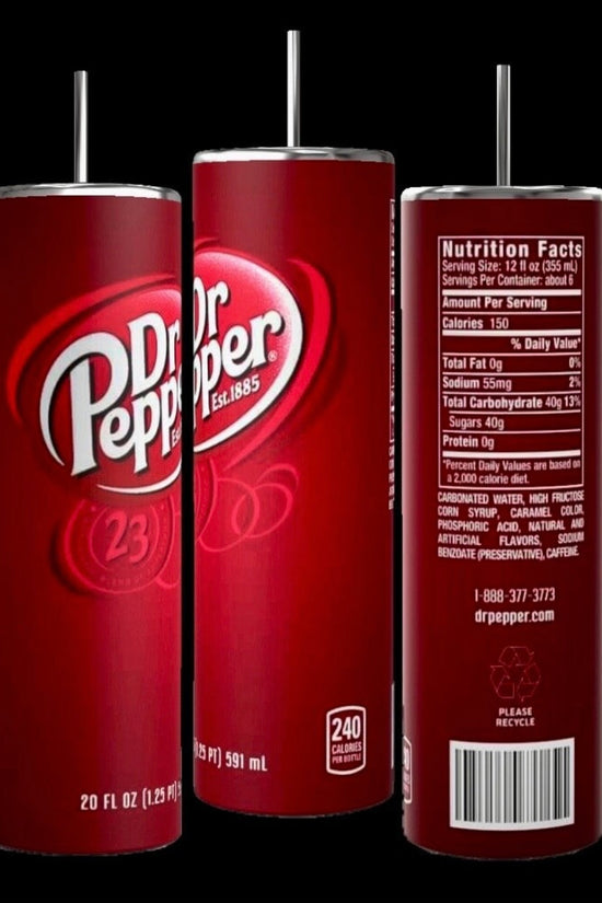 Three red Dr Pepper cans are shown, each displaying different sides. The front can features the Dr Pepper logo with 