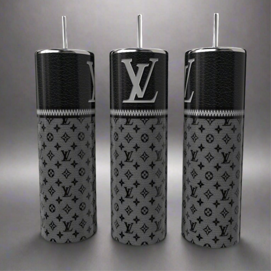 Three Louis V 20oz Skinny Tumblers by Kreative Kreationz, featuring a sleek black upper texture with gray 