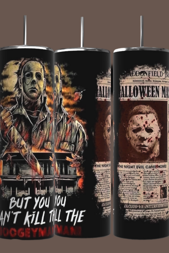Kreative Kreationz presents the Michael Myers Halloween 20oz Tumbler, perfect for creating an eerie atmosphere. This spooky drinkware features designs of a masked figure with a knife, a creepy house, and newspaper-style clippings with ominous text and blood-splattered faces.