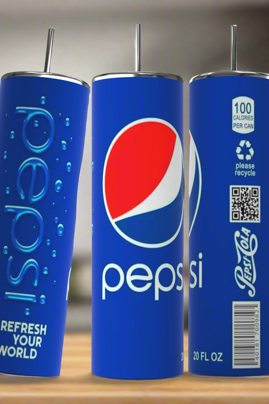 Three blue Pepsi-styled tumblers are displayed. The front tumbler features the iconic Pepsi logo with a red, white, and blue design. The left tumbler displays 