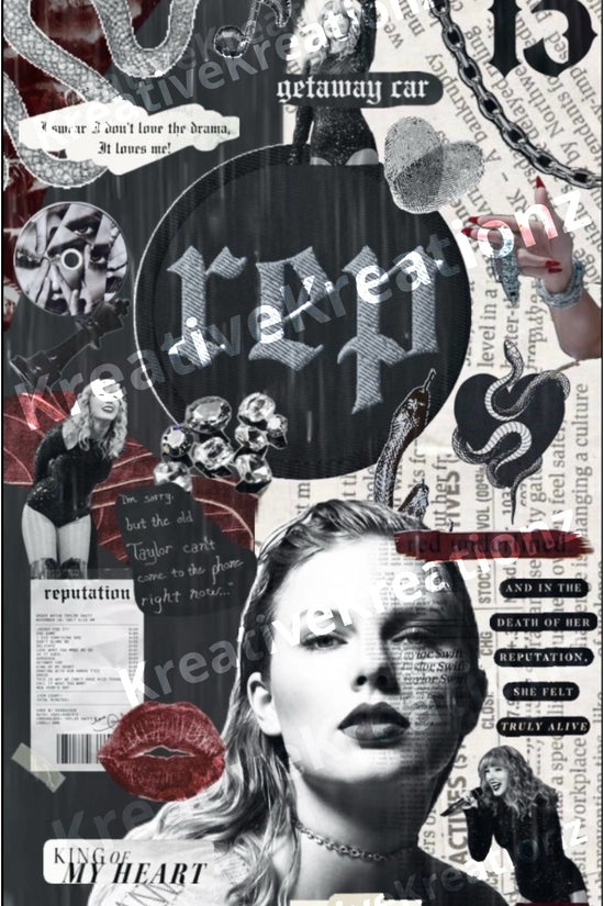 A digital print Tumbler Template by Kreative Kreationz, the REP Collage SVG features a black-and-white portrait of a woman interwoven with text snippets, the number 13, a snake, and graphic elements on a newspaper backdrop; key words include 