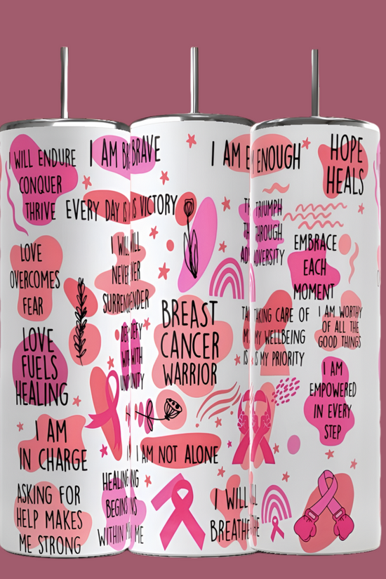Kreative Kreationz's Breast Cancer Survivor 20oz Skinny Tumblers feature high-quality pink sublimation with designs and phrases like 