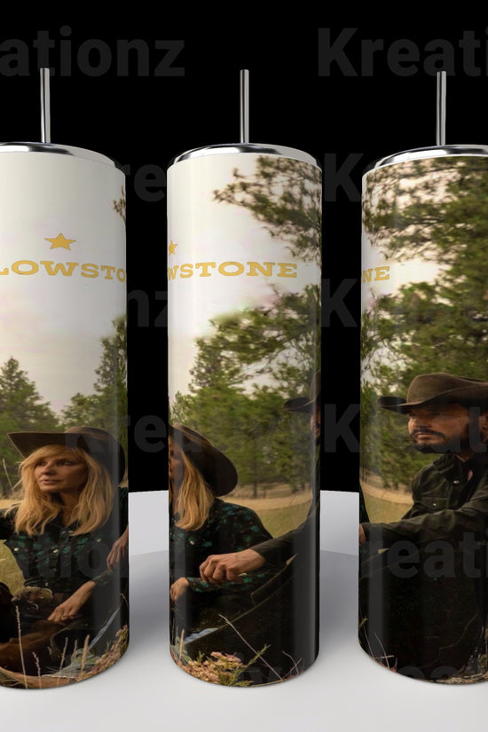 Three tall Kreative Kreationz stainless steel travel tumblers feature images of a man and woman in cowboy hats outdoors, with 