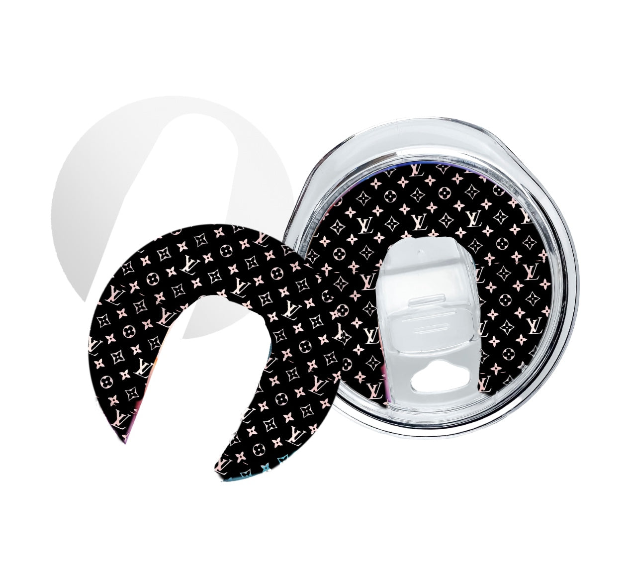 The Kreative Kreationz 20oz Tumbler Topper is a reusable, clear lid with a removable black crescent-shaped topper featuring multicolored LV-inspired monogram logos, ideal for skinny tumblers and compatible with sublimatable aluminum toppers.