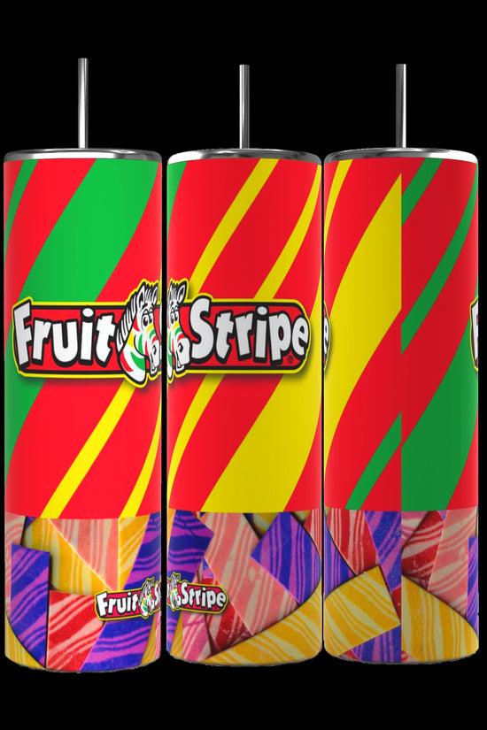 Three vibrant Fruit Stripe Gum 20oz Stainless Steel Tumblers by Kreative Kreationz, each adorned with red, yellow, and green diagonal stripes. The center tumbler prominently features a logo with 