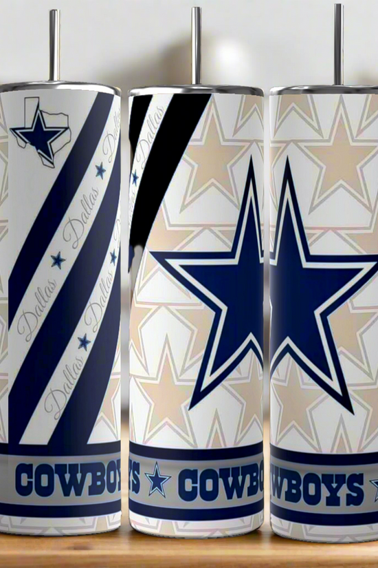 Three Kreative Kreationz Dallas Cowboys 20oz Tumblers made of stainless steel, each with bold star logos and “Cowboys,” are displayed on a kitchen counter, standing out as stylish reusable drinkware.