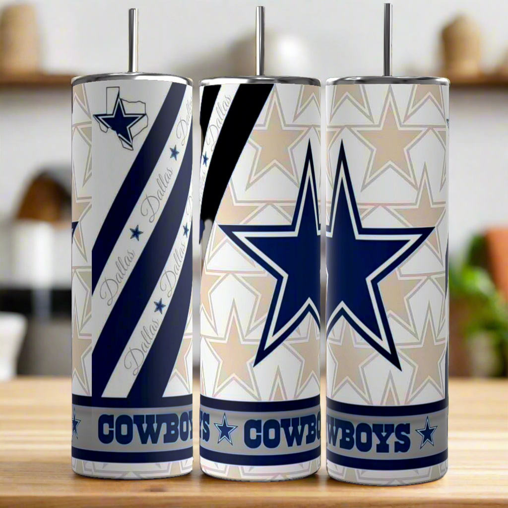 Three Kreative Kreationz Dallas Cowboys 20oz Tumblers made of stainless steel, each with bold star logos and “Cowboys,” are displayed on a kitchen counter, standing out as stylish reusable drinkware.