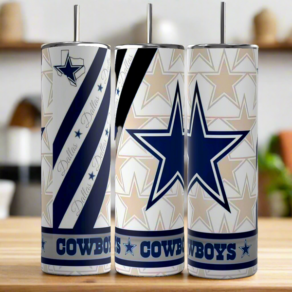 Three Kreative Kreationz Dallas Cowboys 20oz Tumblers made of stainless steel, each with bold star logos and “Cowboys,” are displayed on a kitchen counter, standing out as stylish reusable drinkware.