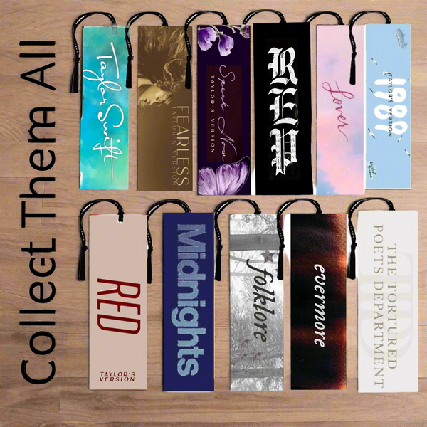 Ten Taylor Swift Eras Bookmarks by Kreative Kreationz, arranged in two rows on a wooden surface. "Collect Them All" in bold text at left. Each personalized sublimation metal bookmark includes a black tassel.
