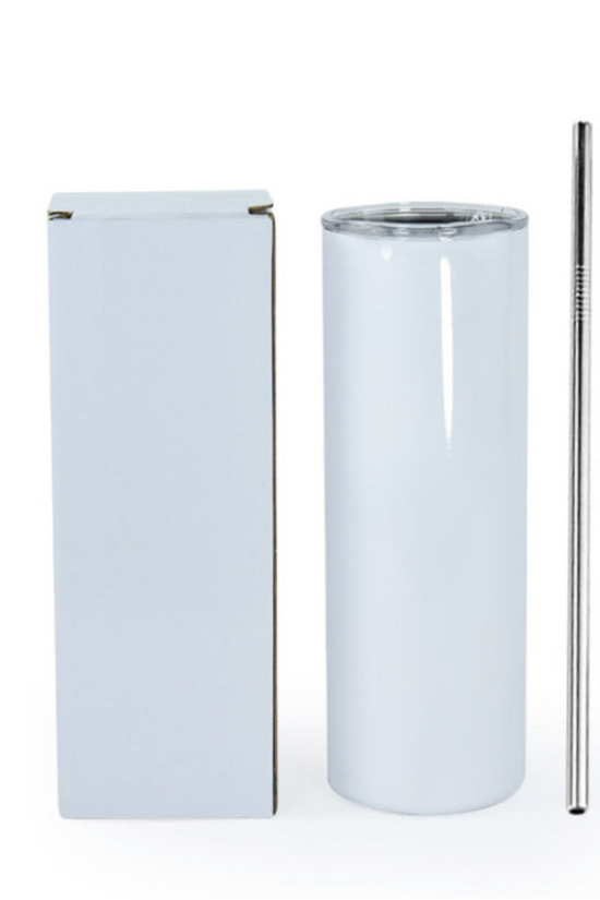 The 87 Chiefs | Taylor Swift 20oz Skinny Tumbler by Kreative Kreationz, in blank white, is placed between a plain box and two reusable straws—one metal and one clear plastic.