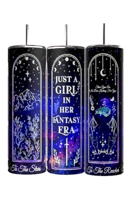 Set of three tall, cylindrical tumblers adorned with vibrant celestial designs and spill-proof lids. The centerpiece is the Kreative Kreationz 