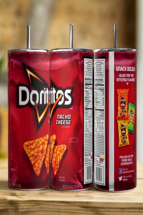 Three tall Kreative Kreationz Doritos bacho 20oz Stainless Steel Skinny Tumblers in vibrant red feature 