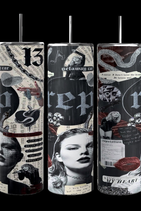 Three tall, cylindrical Taylor Swift Rep Collage 20oz Tumblers from Kreative Kreationz feature a striking array of text and images. The design includes text such as 