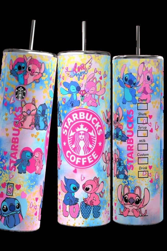 Three vibrant Starbucks tumblers featuring cute cartoon characters and lively decorations are displayed. Each 20 oz capacity tumbler showcases a Starbucks logo in pink, blue, and yellow hues. One handmade tumbler highlights a custom order box design, while another is the unique Custom Stitch Starbucks 20oz Tumbler by Kreative Kreationz.