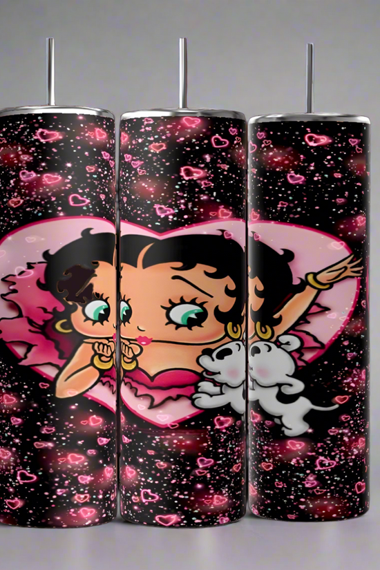 The Betty B 20oz Skinny Tumbler by Kreative Kreationz features a cylindrical design with a cartoon character and small dog set against a dark backdrop adorned with pink hearts and sparkles, capturing the essence of the iconic character within a large pink heart.