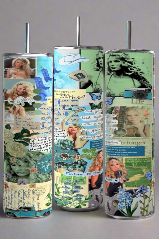 The Debut Collage Taylor Swift 20oz Tumbler by Kreative Kreationz offers a durable, tall cylindrical design with vibrant green, blue, and beige colors. It features collage designs of women, text snippets, butterflies, flowers, and cameras in unique arrangements reminiscent of artful candles.