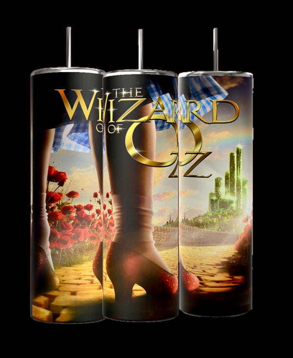 Kreative Kreationz presents the "Wizard of Oz" 20oz tumbler, an eco-friendly drinkware piece featuring designs inspired by Dorothy's ruby slippers on the yellow brick road, poppies, and the distant Emerald City.