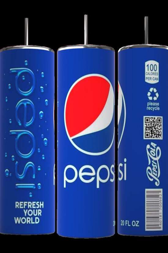 Three blue Pepsi-styled tumblers are displayed. The front tumbler features the iconic Pepsi logo with a red, white, and blue design. The left tumbler displays 