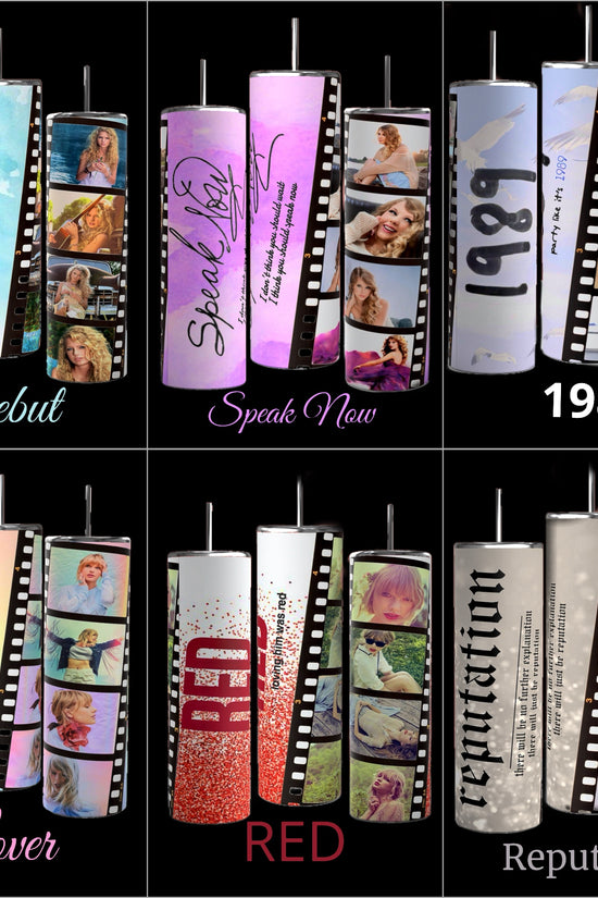 Three Taylor Swift ERAS 20oz Tumblers by Kreative Kreationz against a black background showcase images and text, resembling a film strip with photos of Taylor Swift in various outdoor settings. The word 
