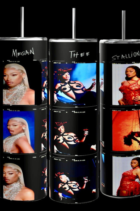 Three tall, cylindrical Megan Thee Stallion 20oz Skinny Stainless Steel Tumblers from Kreative Kreationz are shown, each featuring images of a woman in various glamorous outfits. The words 