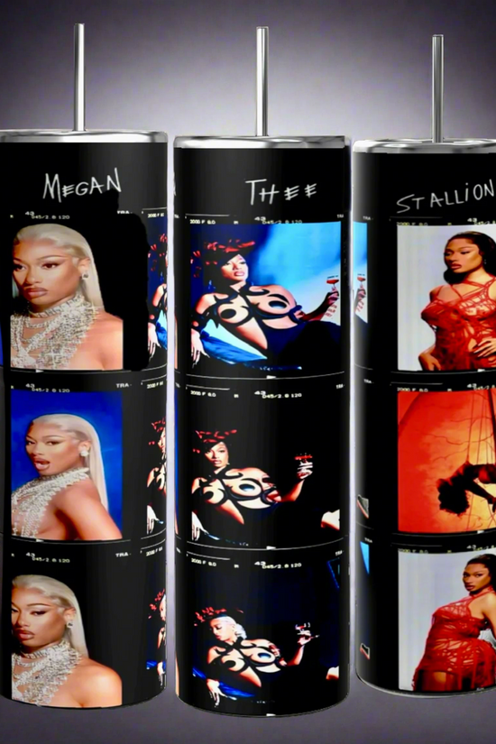 The Megan Thee Stallion 20oz Skinny Stainless Steel Tumblers by Kreative Kreationz feature chic images on three tumblers labeled 