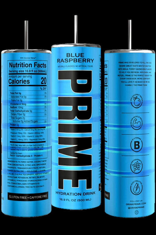Three blue cans of Prime Hydration Drink in blue raspberry flavor display nutrition facts and branding. These colorful Energy tumblers from Kreative Kreationz feature a durable construction and 20-ounce capacity, highlighting their gluten-free and caffeine-free attributes, complete with metallic straws inserted on top.