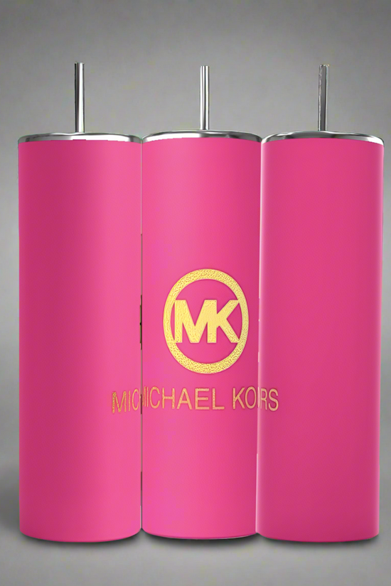 Three pink Kreative Kreationz MK Pink 20oz Tumblers are shown. The center tumbler has a luxe gold “MK” logo and “MICHAEL KORS” text, while the others are classic, eco-friendly reusable pink tumblers with metal straws.