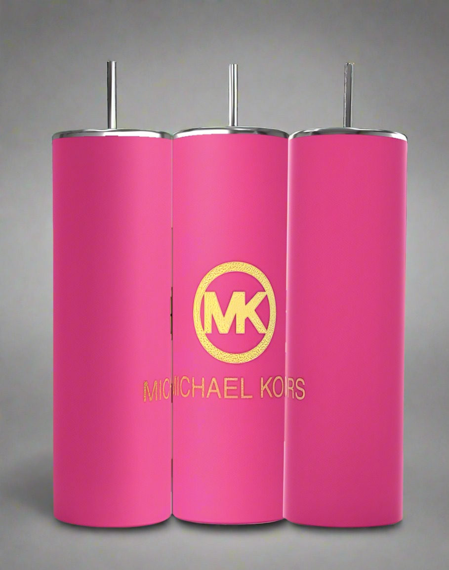 Three pink Kreative Kreationz MK Pink 20oz Tumblers are shown. The center tumbler has a luxe gold “MK” logo and “MICHAEL KORS” text, while the others are classic, eco-friendly reusable pink tumblers with metal straws.