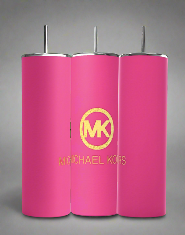 Three pink Kreative Kreationz MK Pink 20oz Tumblers are shown. The center tumbler has a luxe gold “MK” logo and “MICHAEL KORS” text, while the others are classic, eco-friendly reusable pink tumblers with metal straws.