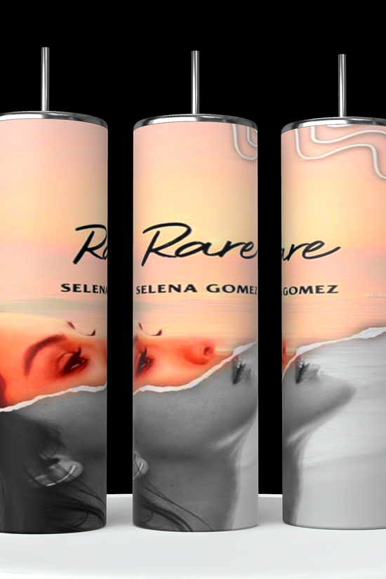 Three tall tumblers are decorated with images of Selena Gomez in different poses; one in a white dress, one with a serious expression, and one in casual attire. The designs, reminiscent of intricate Stanley cups, are embellished with flowers, leaves, hearts, and text like 