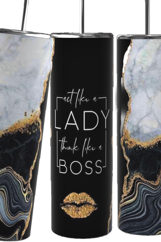 A collage features nine colorful Boss Lady 20oz Tumblers with Reusable Straw and Lid designs with 