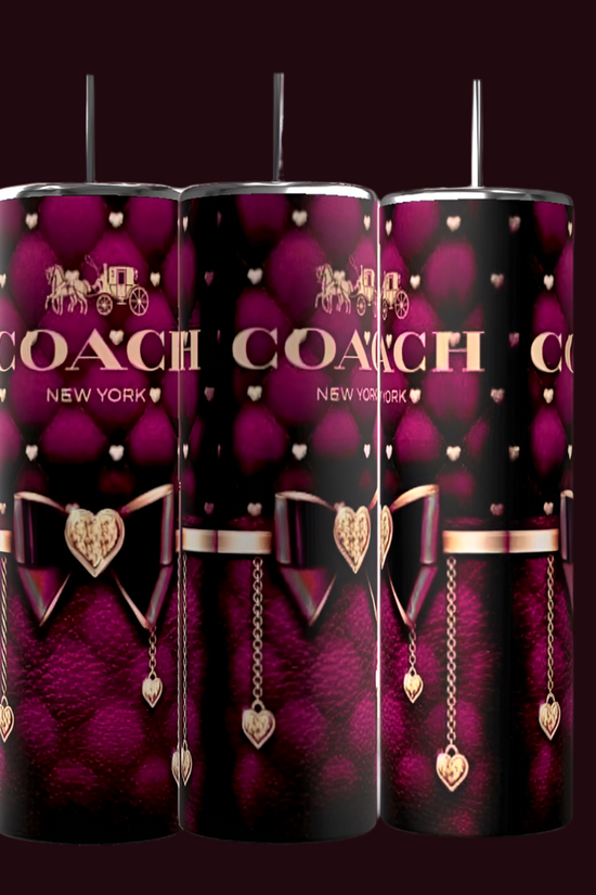 The Coach Wine 20oz Tumblers by Kreative Kreationz are eco-friendly and feature a stylish dark purple and black design with gold chains, heart charms, and bows. 