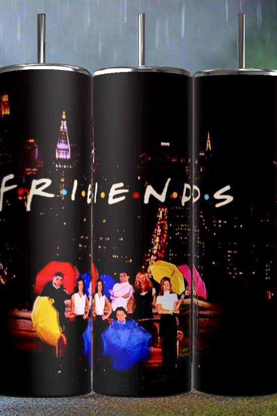 Three Kreative Kreationz Friends TV Show 20oz Tumblers feature the logo and an image from the television show 