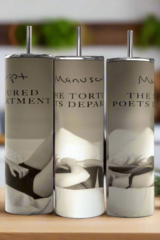 Three Kreative Kreationz TTPD 20oz Tumblers with straws sit on the kitchen counter, each featuring a grayscale handwritten design with a photo of someone lying down. Durable construction keeps drinks hot or cold; herbs and citrus add freshness.