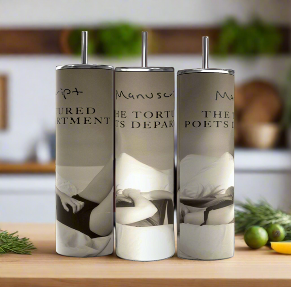 Three Kreative Kreationz TTPD 20oz Tumblers with straws sit on the kitchen counter, each featuring a grayscale handwritten design with a photo of someone lying down. Durable construction keeps drinks hot or cold; herbs and citrus add freshness.