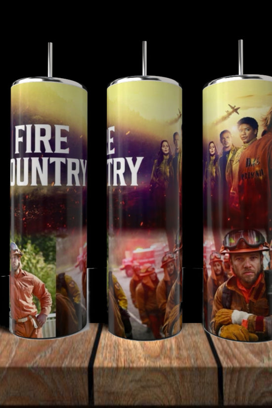 Three Fire Country 20oz Skinny Tumblers by Kreative Kreationz with straws, eco-friendly stainless steel, bold firefighter and flame graphics, and 