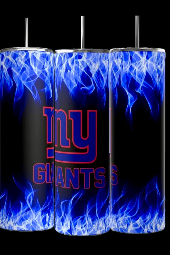 Kreative Kreationz presents the NY GIANTS- 20oz Skinny Tumbler: three eco-friendly stainless steel tumblers featuring blue flame designs and 