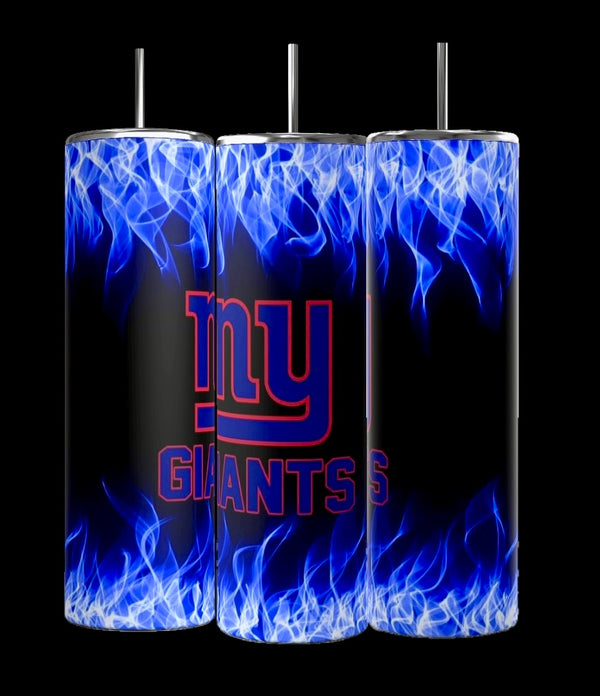 Kreative Kreationz presents the NY GIANTS- 20oz Skinny Tumbler: three eco-friendly stainless steel tumblers featuring blue flame designs and "my GIANTS" in red on a black background, each accompanied by a sleek metallic straw.