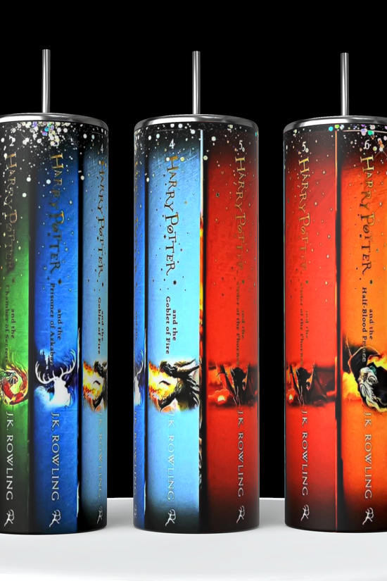 Three cylindrical Harry Potter 20oz tumblers by Kreative Kreationz, each adorned with the iconic book cover spines. These vibrant tumblers feature a spill-proof lid and a reusable straw for added convenience. They are arranged in a row on a white surface, set against a gradient background transitioning from green to blue, orange to blue, and red to blue.