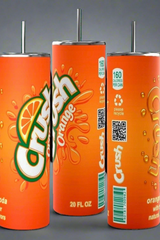 Three 20 fl oz cans of Crush Orange soda are shown against a gray background. The cans are bright orange with the Crush logo and an image of an orange slice. They also display nutritional information stating 160 calories per can, perfect for filling your Kreative Kreationz Crush Orange Soda 20oz Skinny Tumbler with its spill-proof lid.