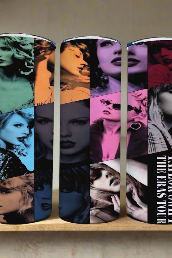 The Taylor Swift ERAS 20oz tumblers by Kreative Kreationz feature vibrant portraits of Taylor Swift in various styles with bold text stating 