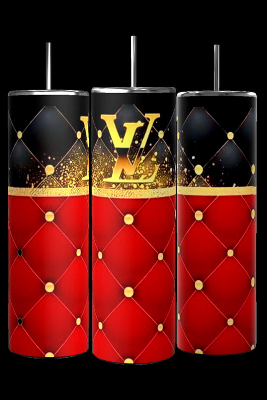 The LV Red Designer 20oz Tumblers by Kreative Kreationz are a set of three sleek tumblers featuring black tops and straws. These luxurious tumblers showcase an elegant design with the upper part adorned in black with golden sparkles and the lower part in red with a tufted pattern, while one tumbler prominently displays an LV logo in gold, emphasizing its durable construction.