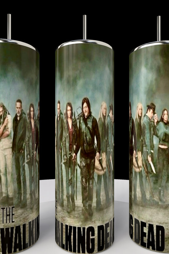 The 20oz Skinny Tumblers by Kreative Kreationz feature a captivating collage of The Walking Dead characters in rugged attire against a stormy backdrop, with visible parts of the show's title. These stainless steel tumblers are eco-friendly and ideal for fans.