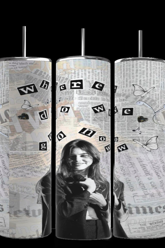 Three tall tumblers are shown against a gray backdrop. Each 20 oz capacity Gracie Abrams NY Times Music Skinny Tumbler by Kreative Kreationz is decorated with black-and-white images of a smiling woman, newspaper clippings, and scattered butterfly illustrations. The words 