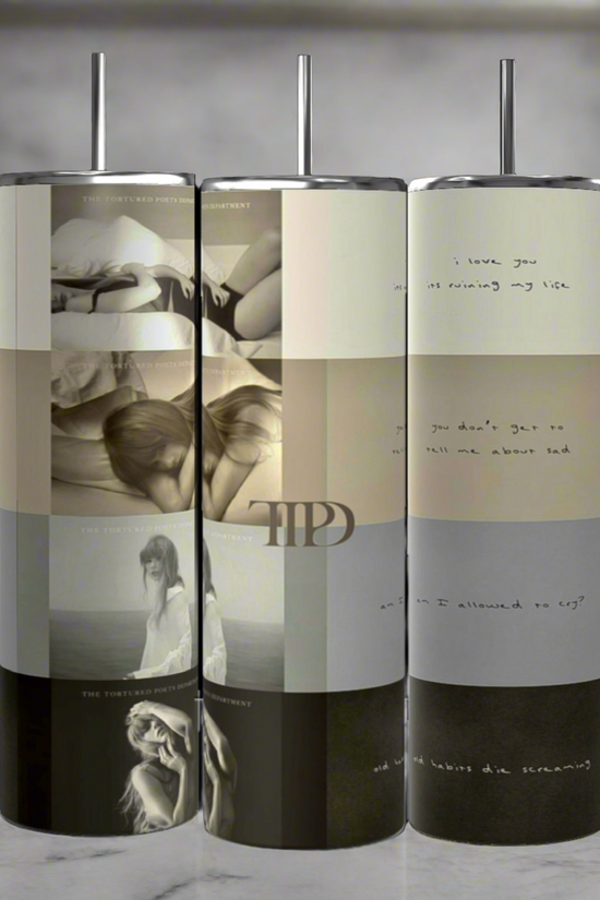 A set of three Kreative Kreationz Taylor Swift -TTPD Anesthetic 20oz Skinny Tumblers with Lids and Reusable Straws is arranged side by side, showcasing minimalist monochrome designs. Each tumbler features a collage of grayscale photos and handwritten text snippets like 