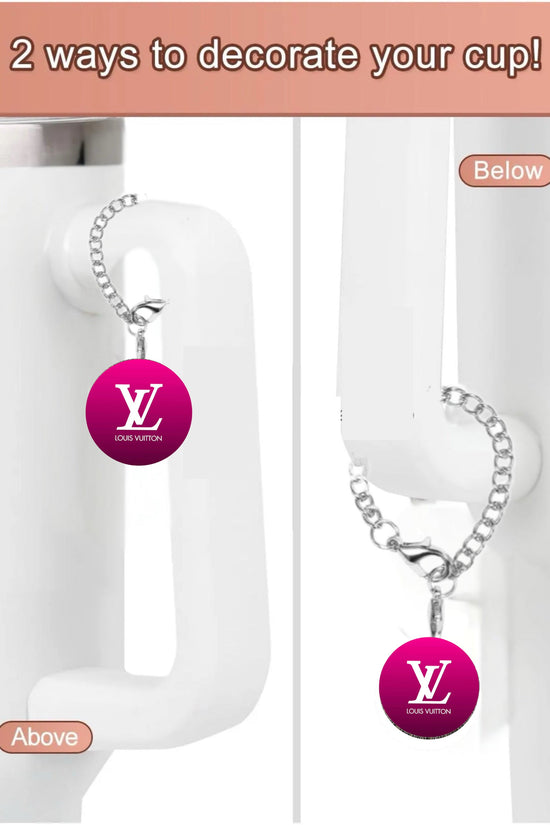Split image shows two ways to hang a Kreative Kreationz Hello Kitty Charm Dangle on a white cup handle—above or below. Top text: “2 ways to decorate your cup!” for a fun, custom look with this charming cup accessory.